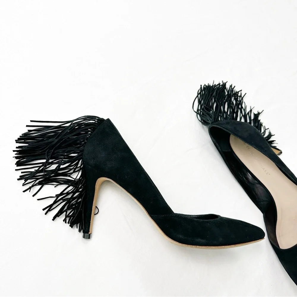 Loeffler Randall Pari Fringe Pumps Size 8.5 Black Heel Pointed Toe Suede Leather - Picture 3 of 13